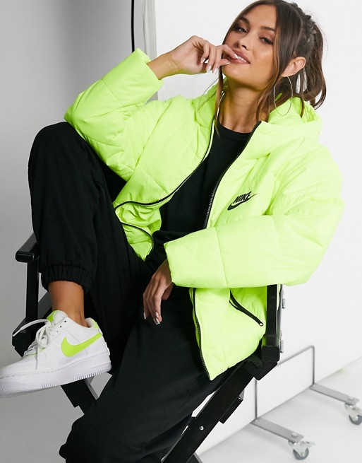 Nike padded jacket with back swoosh in neon yellow