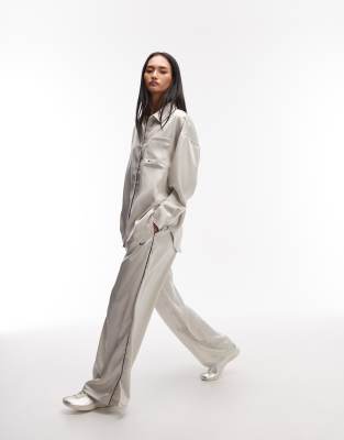 Pantalon ample satiné à taille griffée - Blanc cassé L