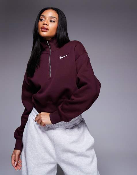 Nike - Phoenix - Cropped fleece sweatshirt met korte rits in bordeauxrood - view 1