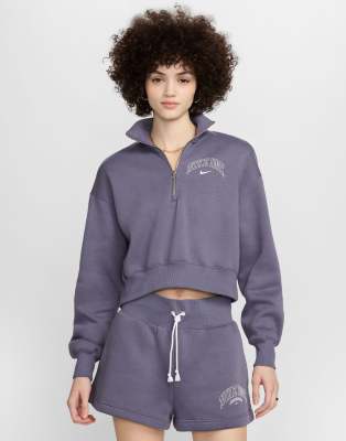 Nike Phoenix Cropped Quarter Zip Fleece In Gray-brown