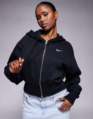 Nike Phoenix Fleece Cropped Full Zip Hoodie In Black