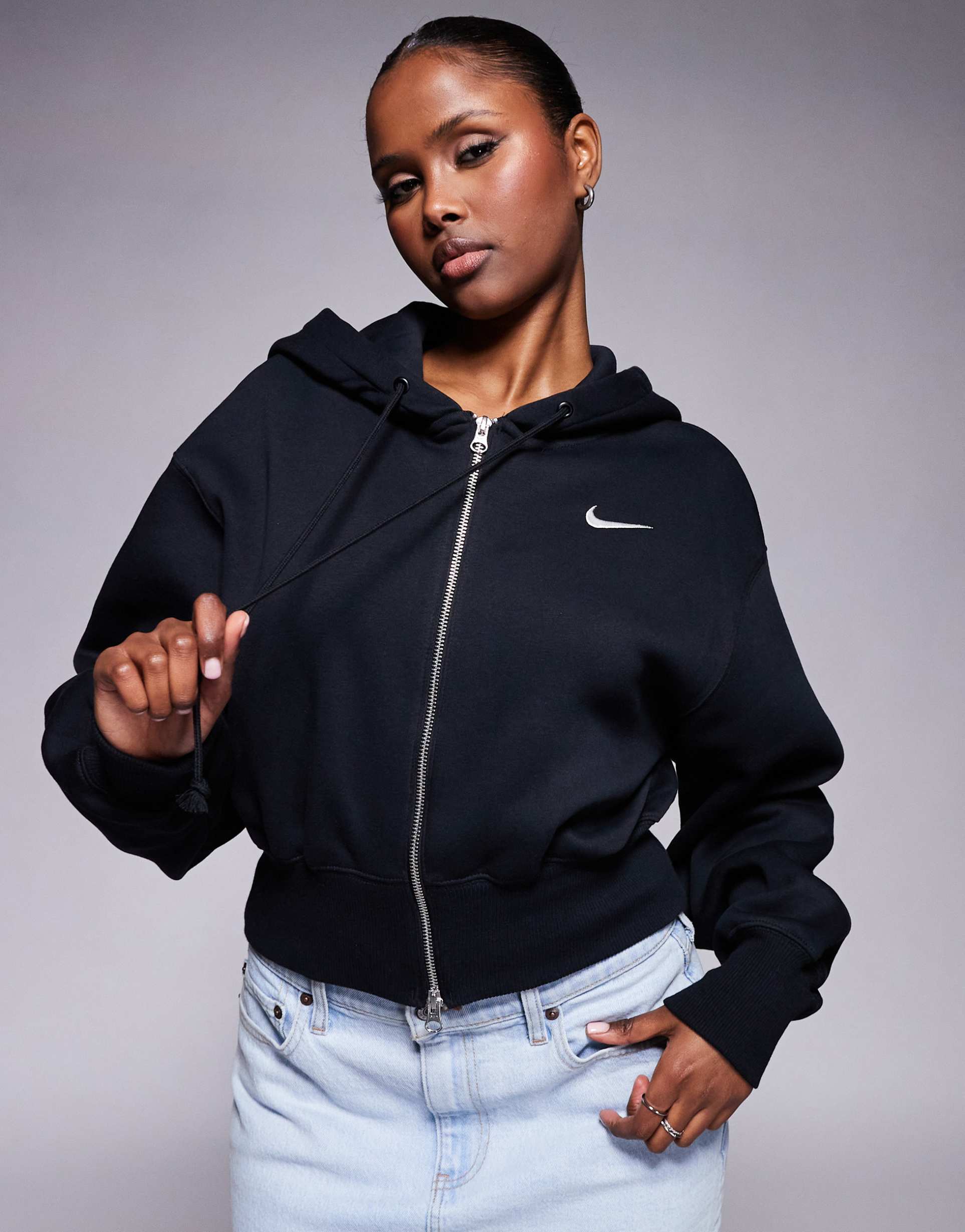 nike phoenix fleece cropped full zip hoodie in black