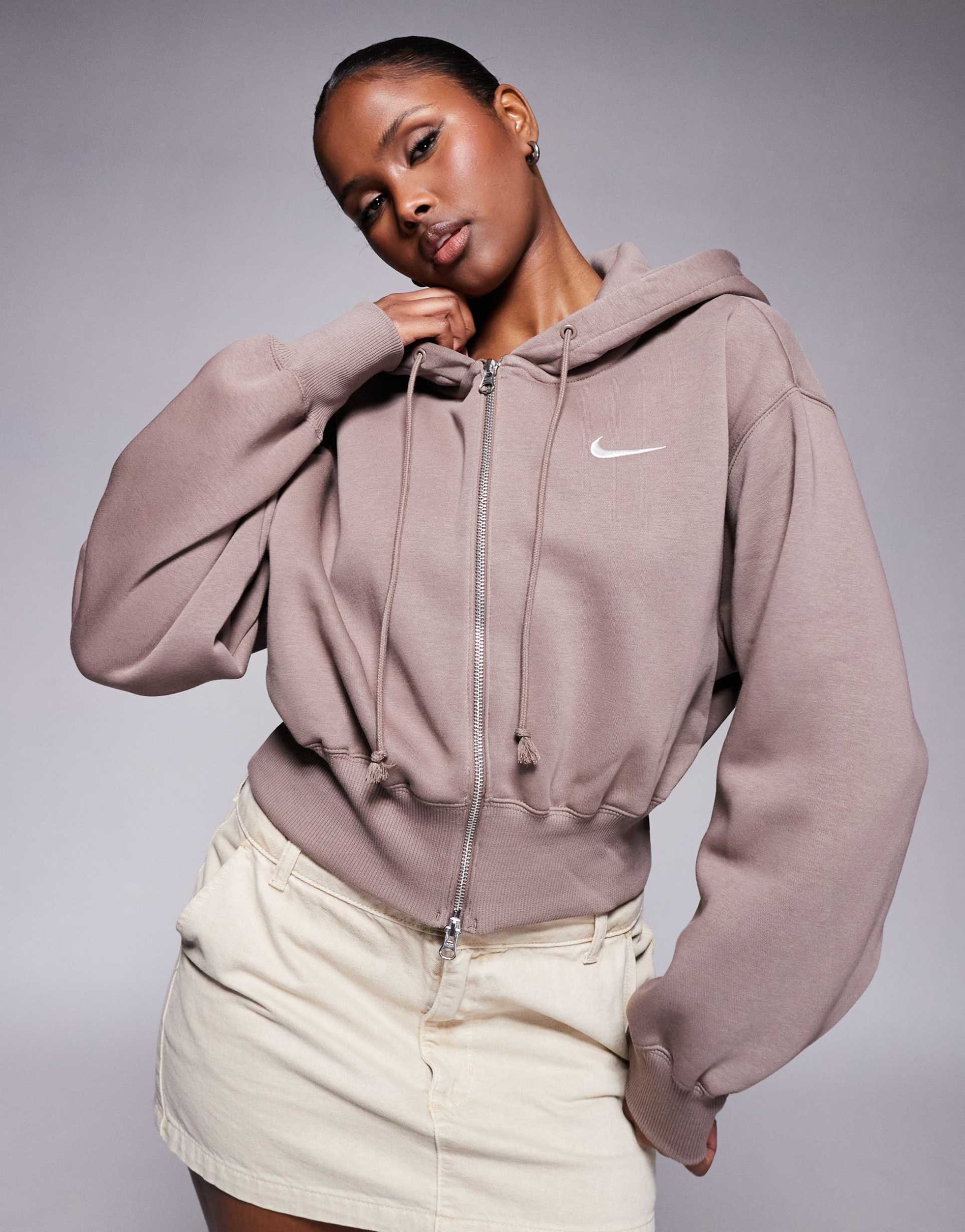 nike phoenix fleece cropped full zip hoodie in brown