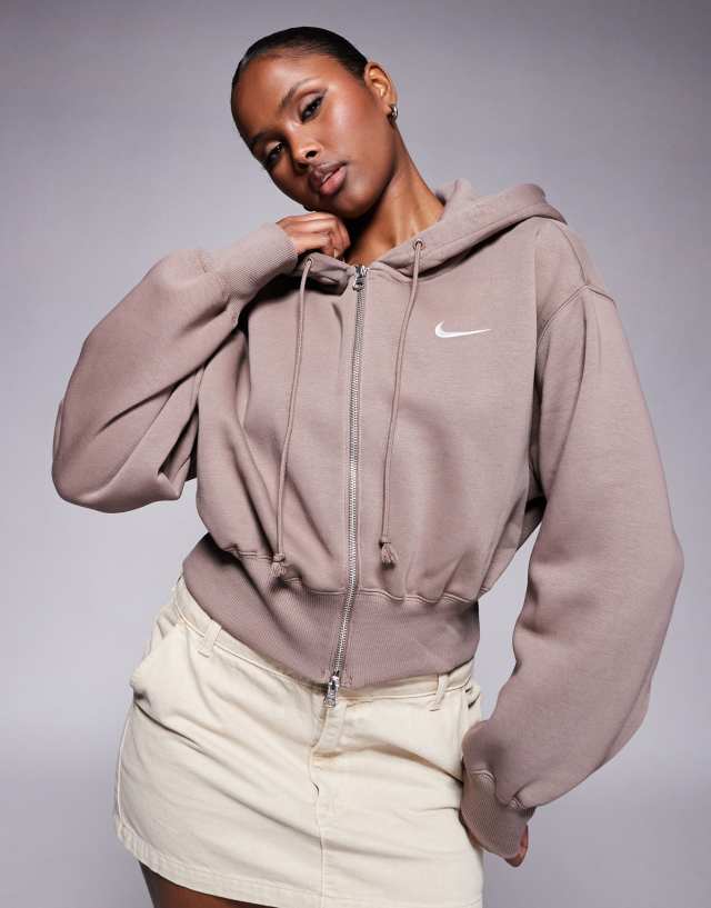 Nike Phoenix Fleece cropped full zip hoodie in brown | ASOS