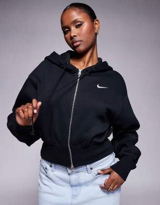 Nike - Phoenix Fleece - Cropped Kapuzenjacke in Schwarz