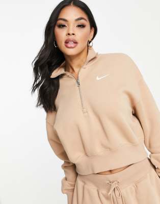 NIKE PHOENIX FLEECE CROPPED QUARTER ZIP SWEATSHIRT IN BROWN