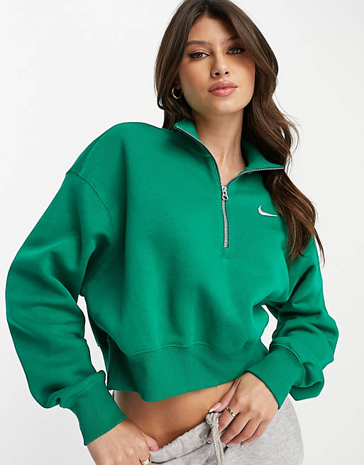 Nike Phoenix Fleece cropped quarter zip sweatshirt in green | ASOS