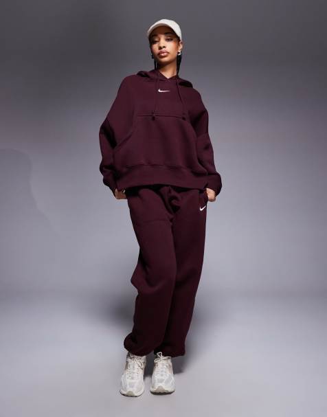 Nike - Phoenix Fleece - Felpa con cappuccio e joggers bordeaux super oversize - view 1