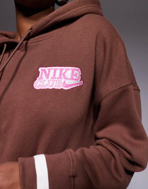 Nike - Phoenix Fleece - Felpa con cappuccio oversize marrone con grafica sul retro, 3 di 4
