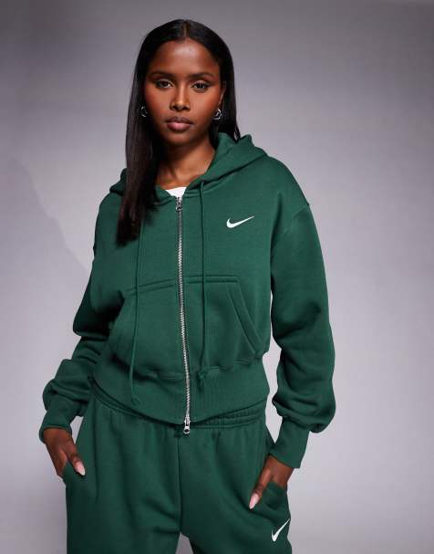 Nike - Phoenix Fleece - Felpa con cappuccio taglio corto verde con zip - view 1