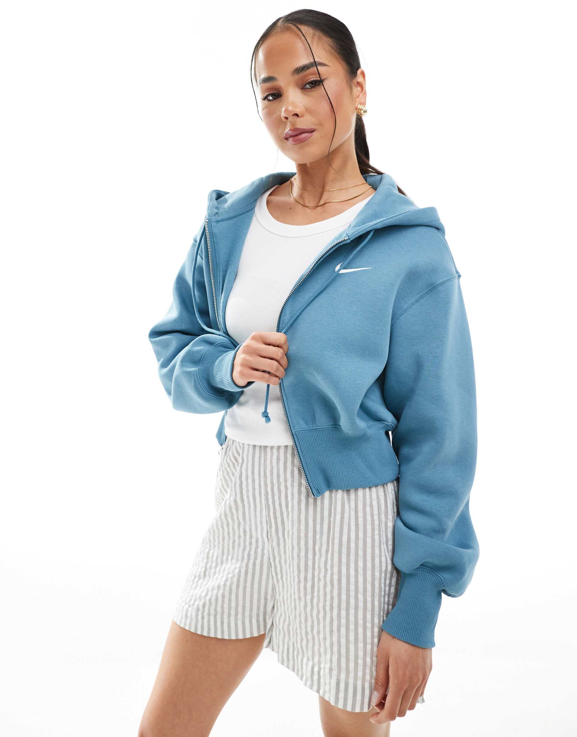 nike phoenix fleece full zip cropped hoodie in blue