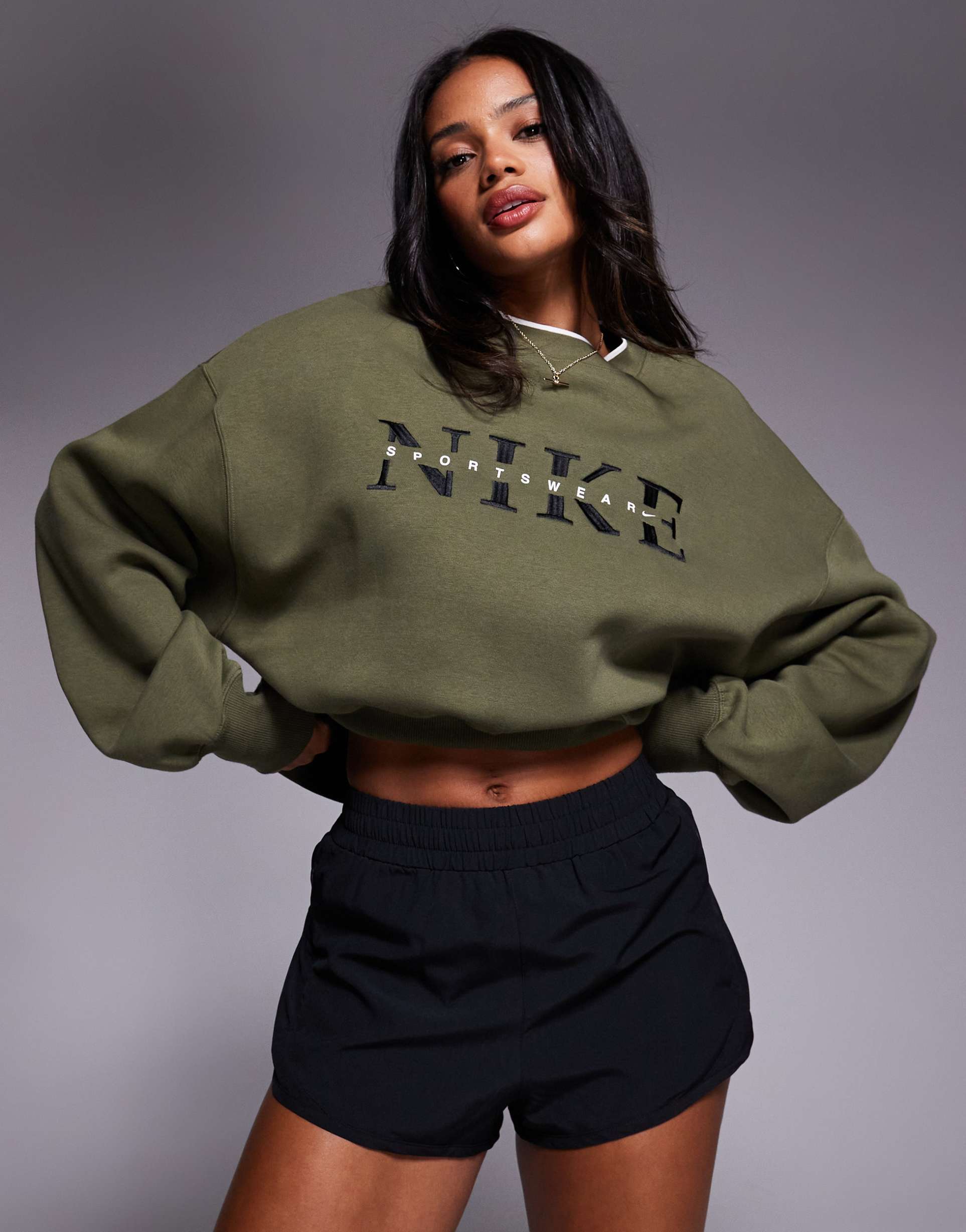 nike phoenix fleece graphic sweatshirt in khaki