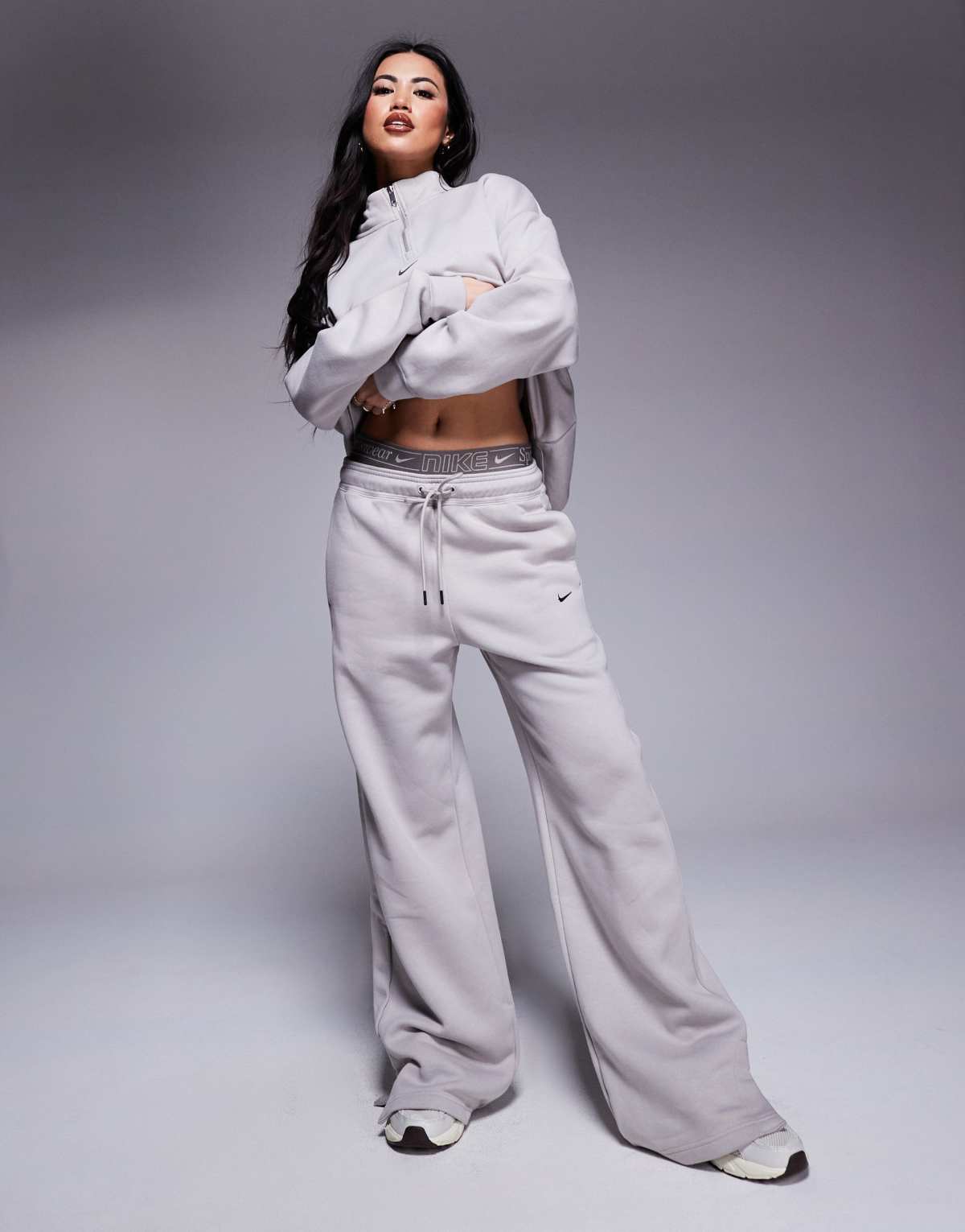 Nike Phoenix Fleece Gym Life Swoosh wide leg joggers with boxer detail in grey