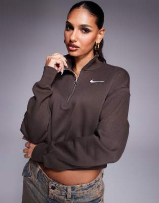 Nike Phoenix Fleece half zip cropped sweatshirt in brown | ASOS