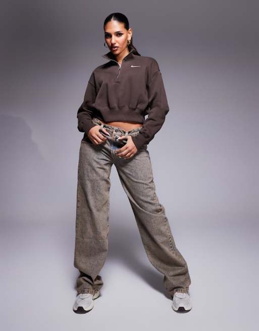 Nike Phoenix Fleece half zip cropped sweatshirt in brown | ASOS