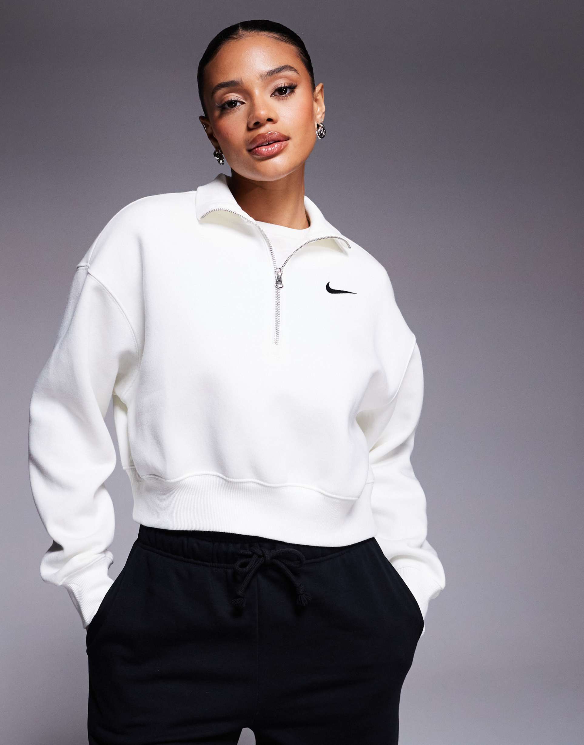 nike phoenix fleece half zip cropped sweatshirt in off white