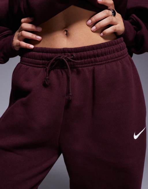 Nike Phoenix Fleece high waisted oversized cuffed joggers in burgundy, 5 of 5