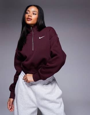 Nike - Phoenix Fleece - Kurzes Sweatshirt in Burgunderrot mit kurzem Reißverschluss