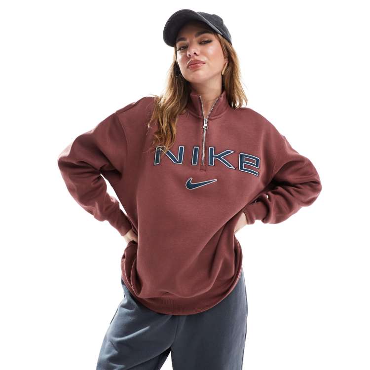 Nike Phoenix fleece logo 1/4 zip sweatshirt in burgundy | ASOS