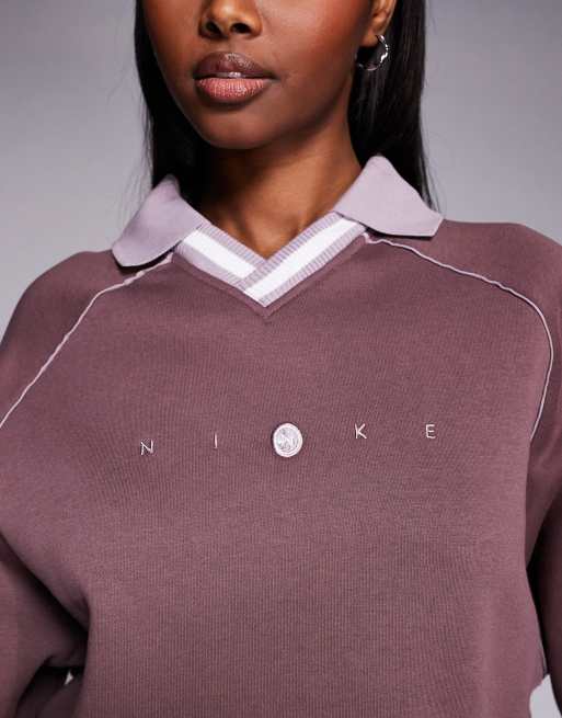 Nike – Phoenix Fleece – Mörklila pikétröja i oversize, 4 av 4