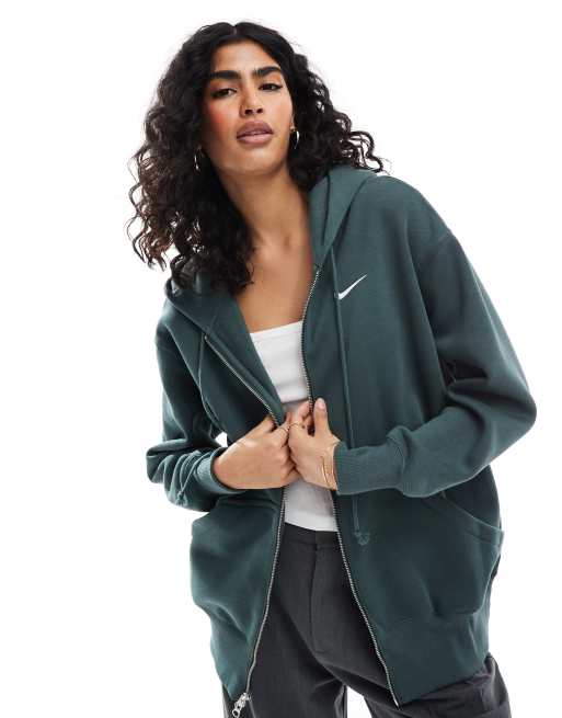 Nike – Phoenix Fleece – Oversize-Kapuzenpullover in Vintage-Grün mit kurzem Reißverschluss