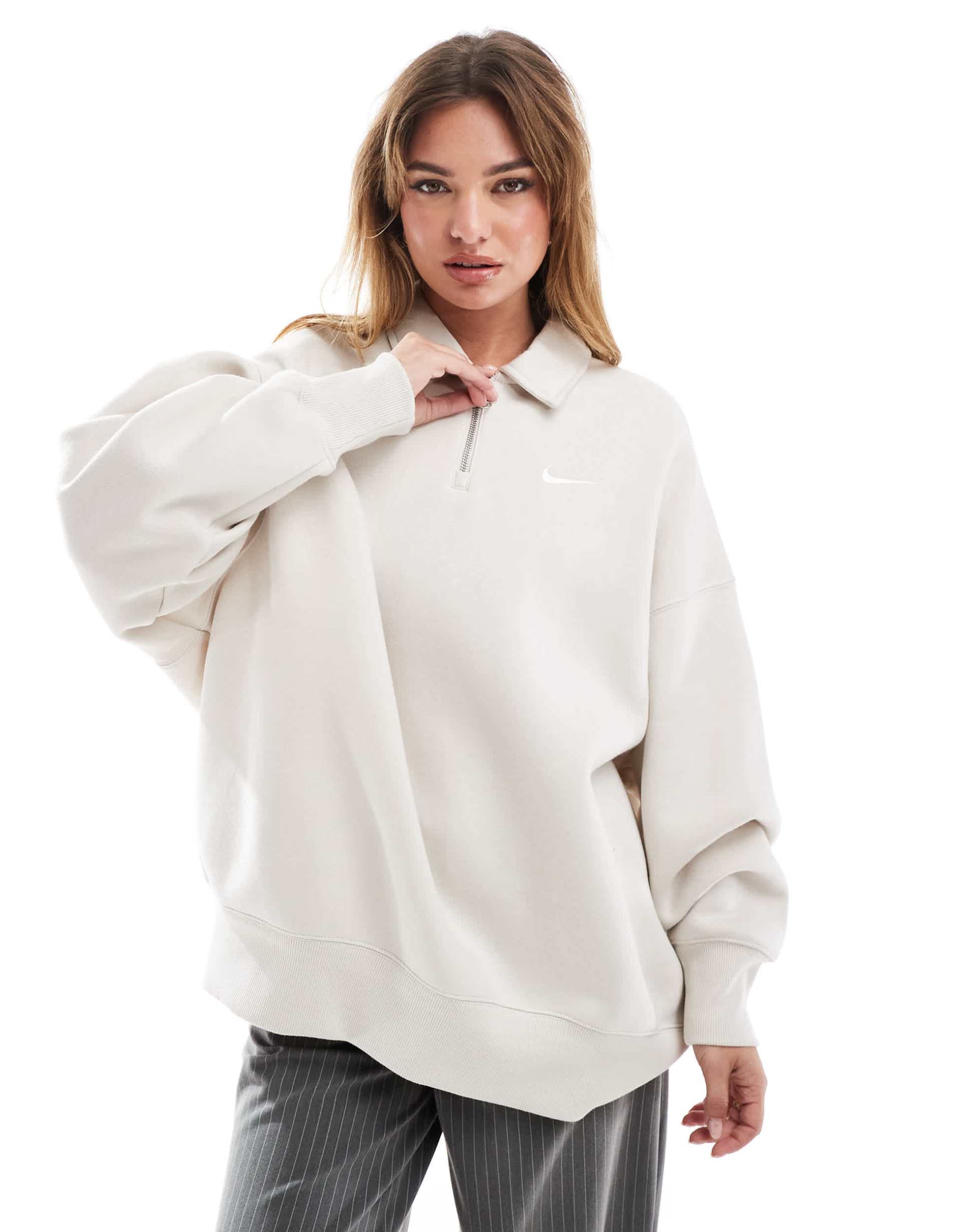 nike phoenix fleece oversized 1/2 zip polo sweatshirt in beige