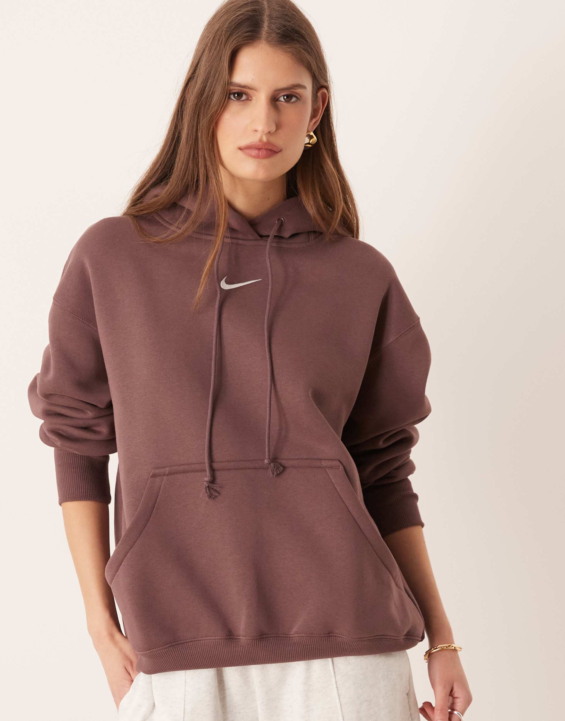 nike phoenix fleece oversized hoodie in brown