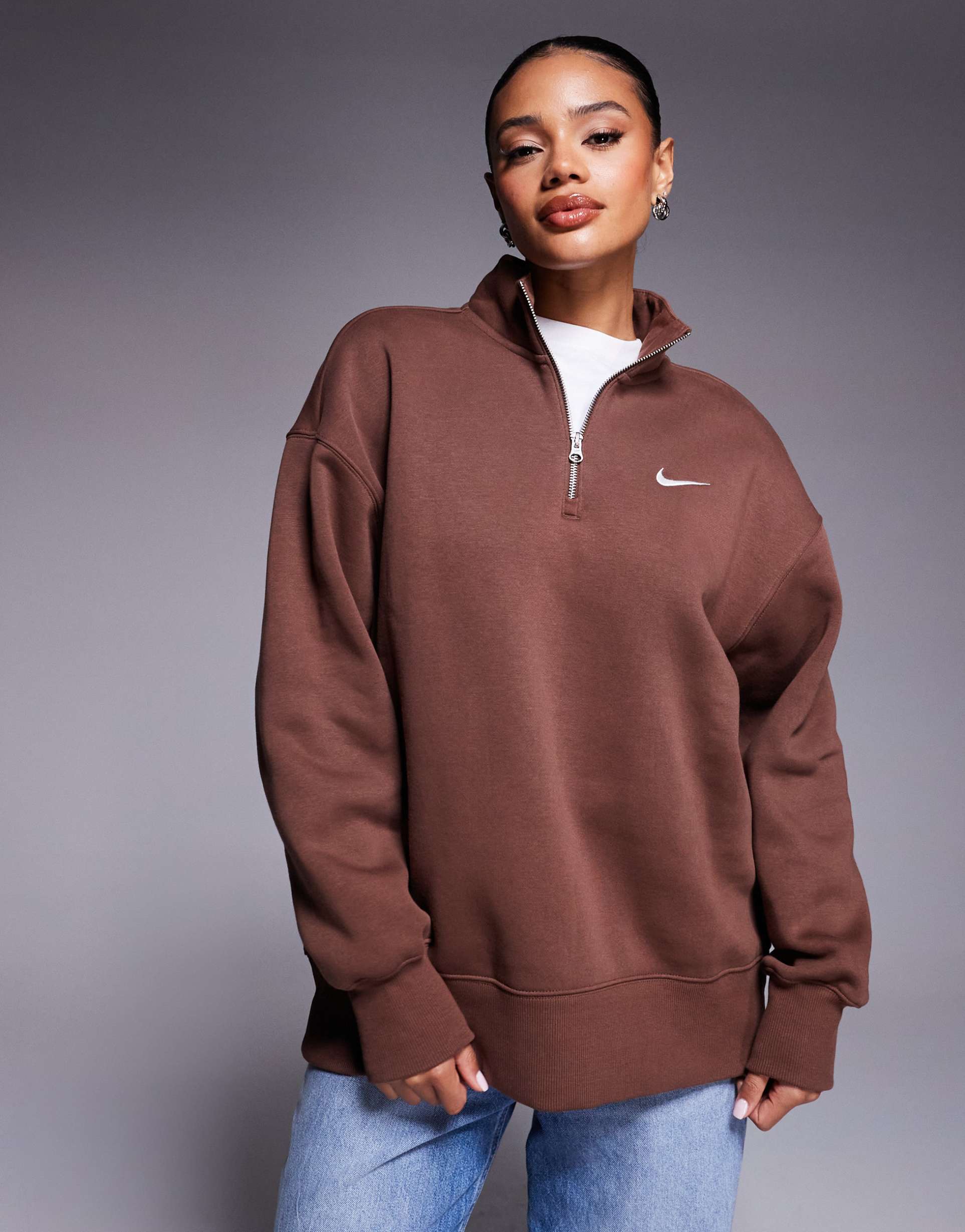 nike phoenix fleece oversized quarter zip sweater in brown