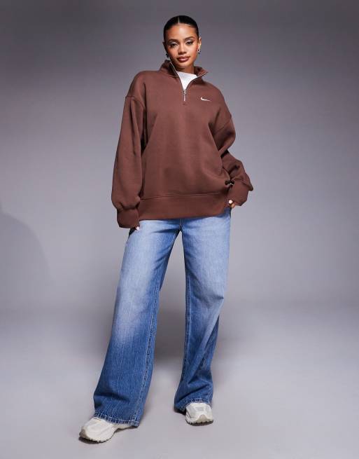 Nike Phoenix Fleece oversized quarter zip sweater in brown