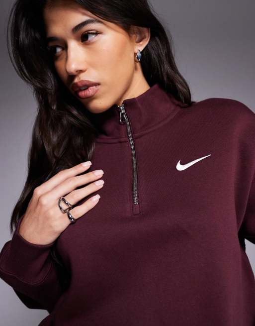 Nike Phoenix Fleece oversized quarter zip sweatshirt in burgundy