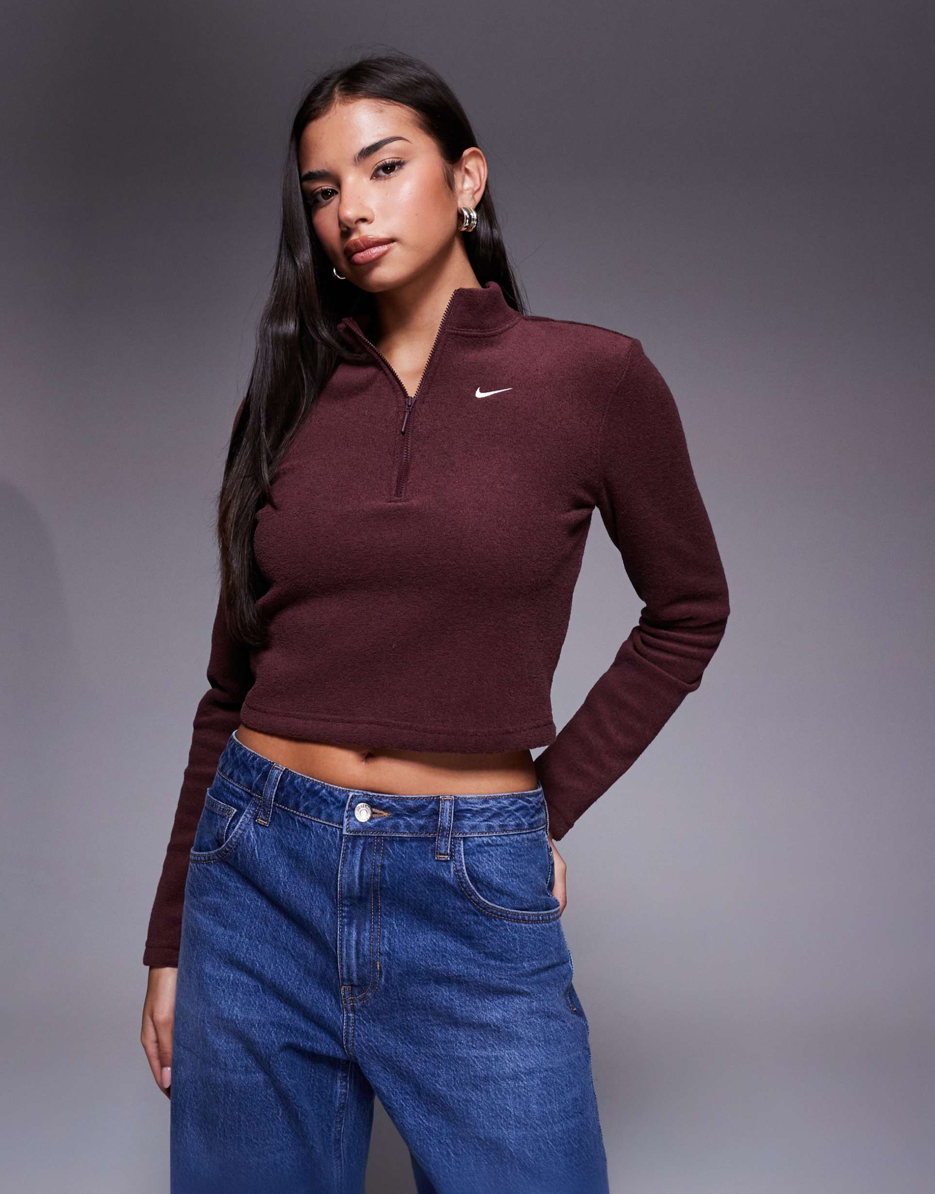 nike phoenix fleece plush half zip top in burgundy
