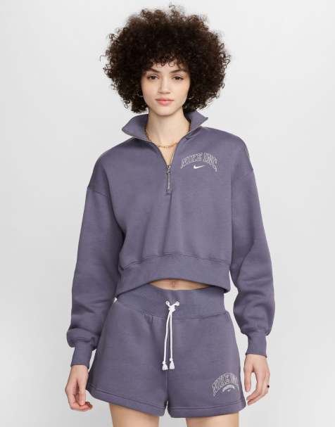 Nike Phoenix fleece sportswear logo cropped quarter zip in purple - view 1