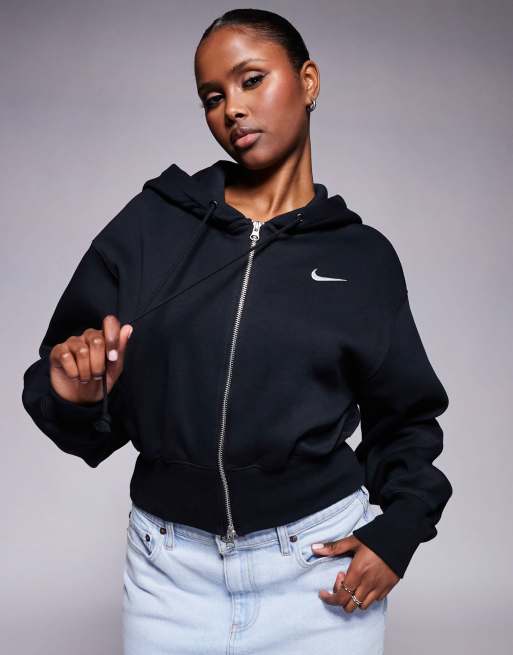 Nike – Phoenix Fleece – Svart huvtröja i kort design med dragkedja