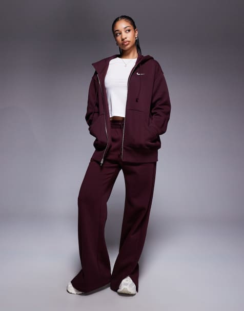 Nike Phoenix Fleece wide leg joggers in burgundy - view 1