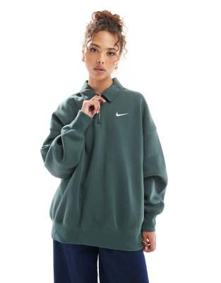 Nike - Phoenix - Oversize-Pullover in Grün mit kurzem Reißverschluss