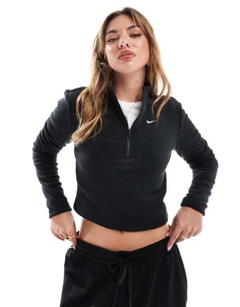 Nike - Phoenix - Top a maniche lunghe in pile nero con zip corta - view 1