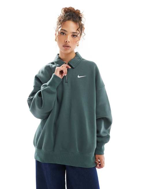 Nike – Phoenix – Zielona polarowa bluza oversize z zapięciem na suwak pod szyją