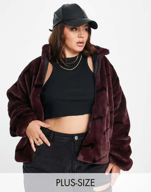 Women's Nike Sportswear Plush Fur Jacket - Burgundy Crush Black / 2XL