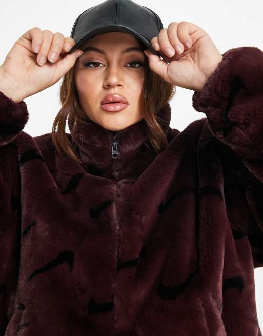 Women's Nike Sportswear Plush Fur Jacket - Burgundy Crush Black / 2XL