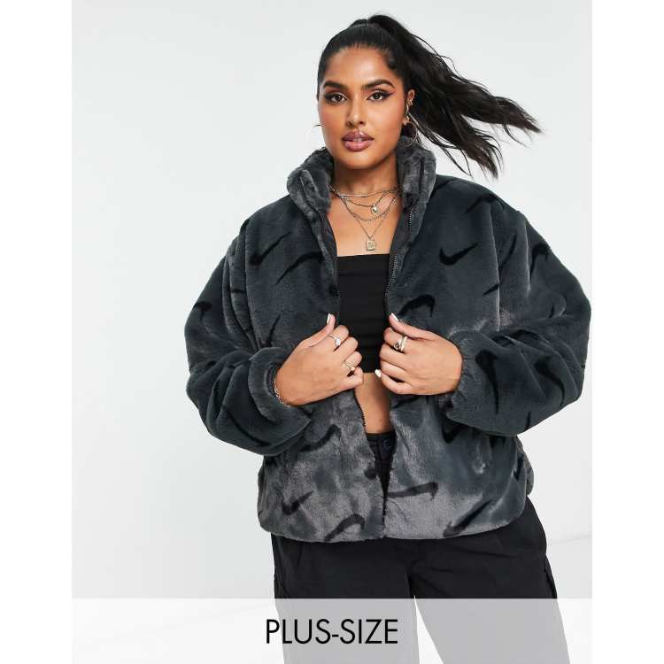 Nike Plus all over swoosh faux fur jacket in smoke grey and black