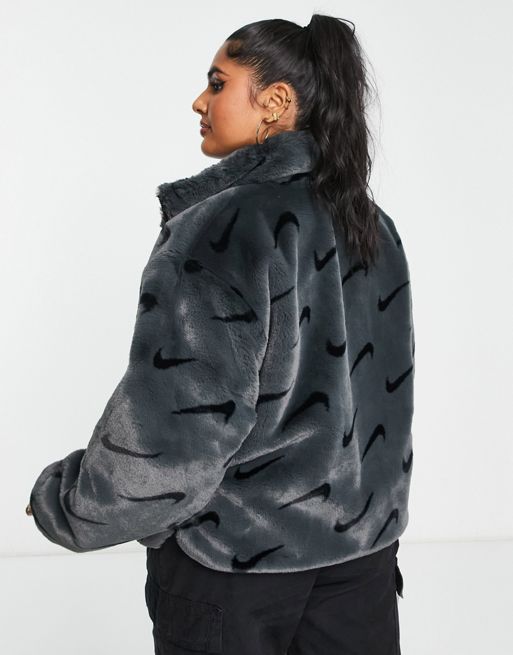 Nike Plus all over swoosh faux fur jacket in smoke grey and black