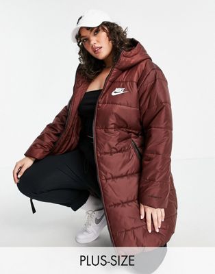 Nike Plus classic longline padded coat with hood in burgundy