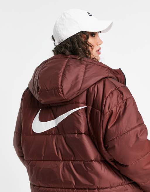 Nike Plus classic longline padded coat with hood in burgundy