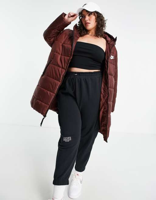 Nike Plus classic longline padded coat with hood in burgundy