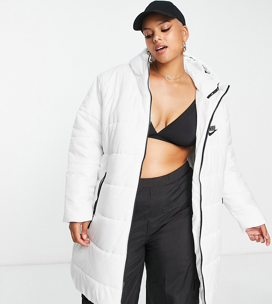 Nike Plus Classic Longline Padded Coat With Hood In Summit White