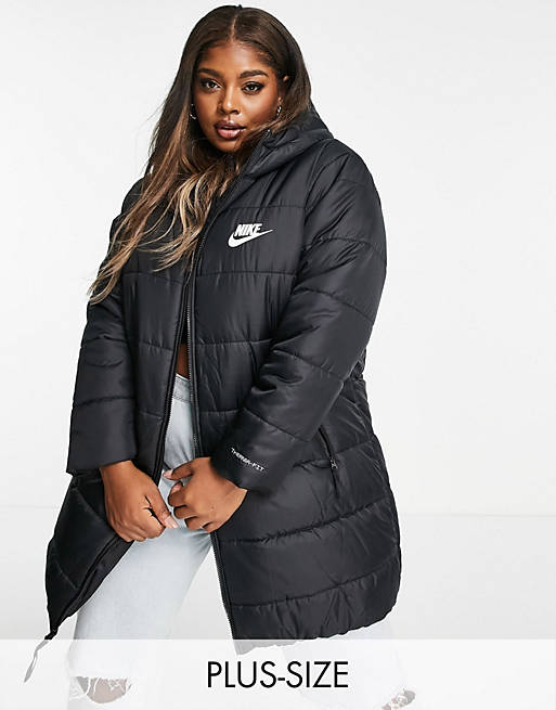 Nike Plus classic longline padded jacket with hood in black