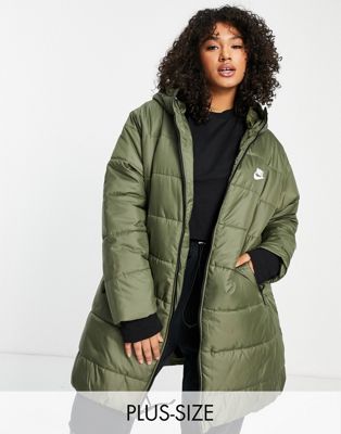 Nike Plus classic longline padded jacket with hood in khaki olive