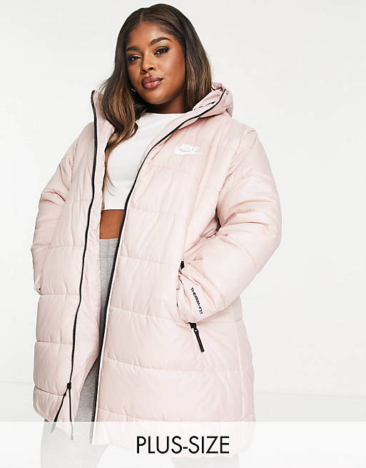 Nike Plus classic longline padded jacket with hood in pink oxford