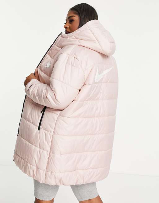 Nike Plus classic longline padded jacket with hood in pink oxford