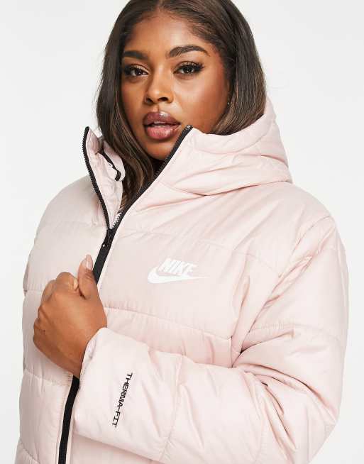 Nike Plus classic longline padded jacket with hood in pink oxford